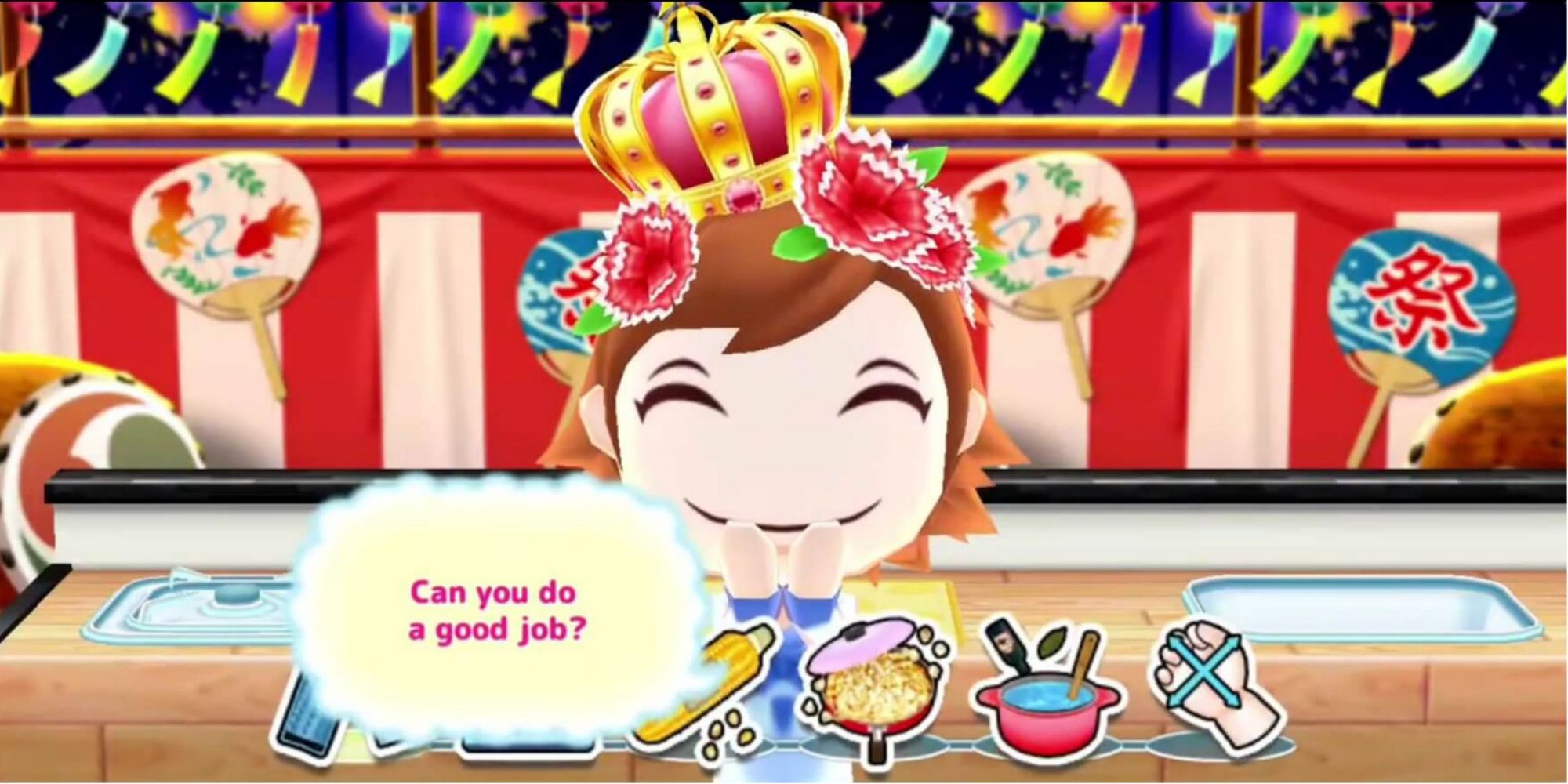 Cooking Mama stands at counter with ingredient options asking if you can do a good job