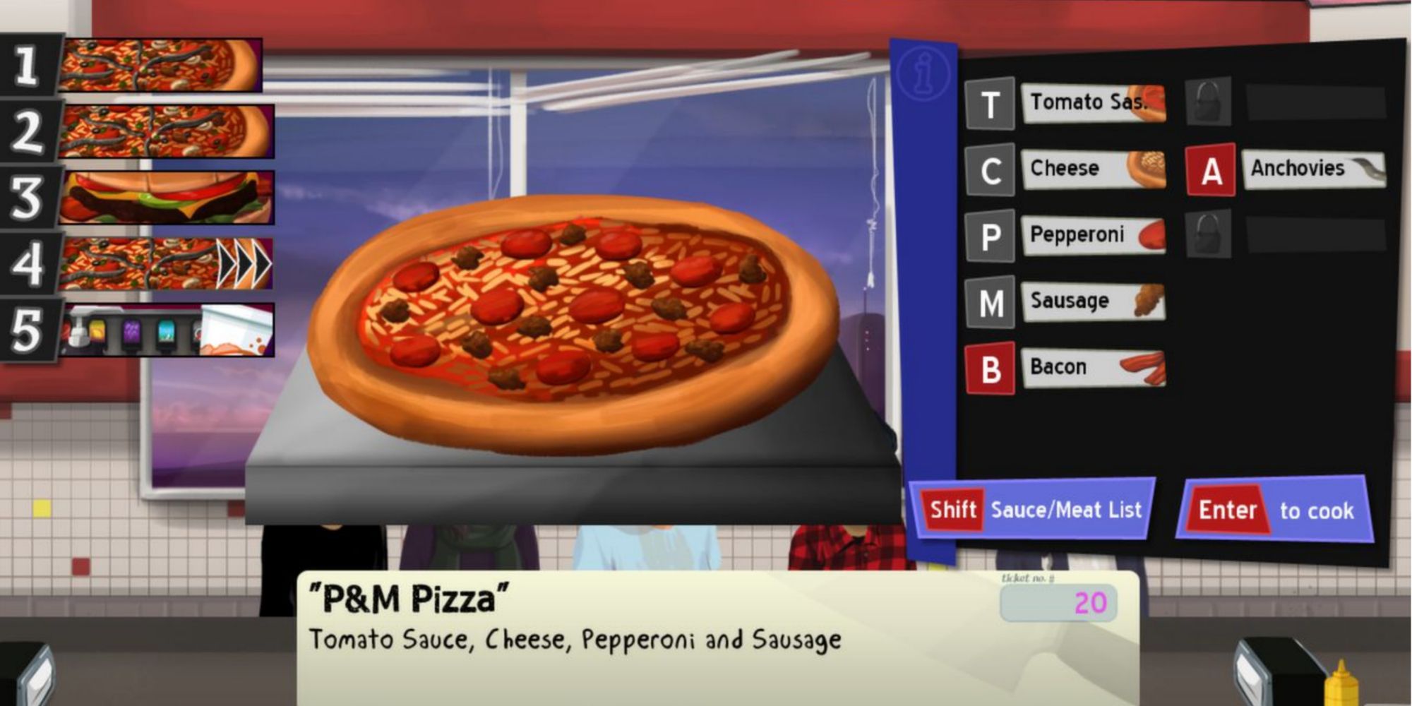 A screenshot from Cook, Serve, Delicious, in which a pizza with meat toppings sits on a counter with an order for a P&amp;M pizza.