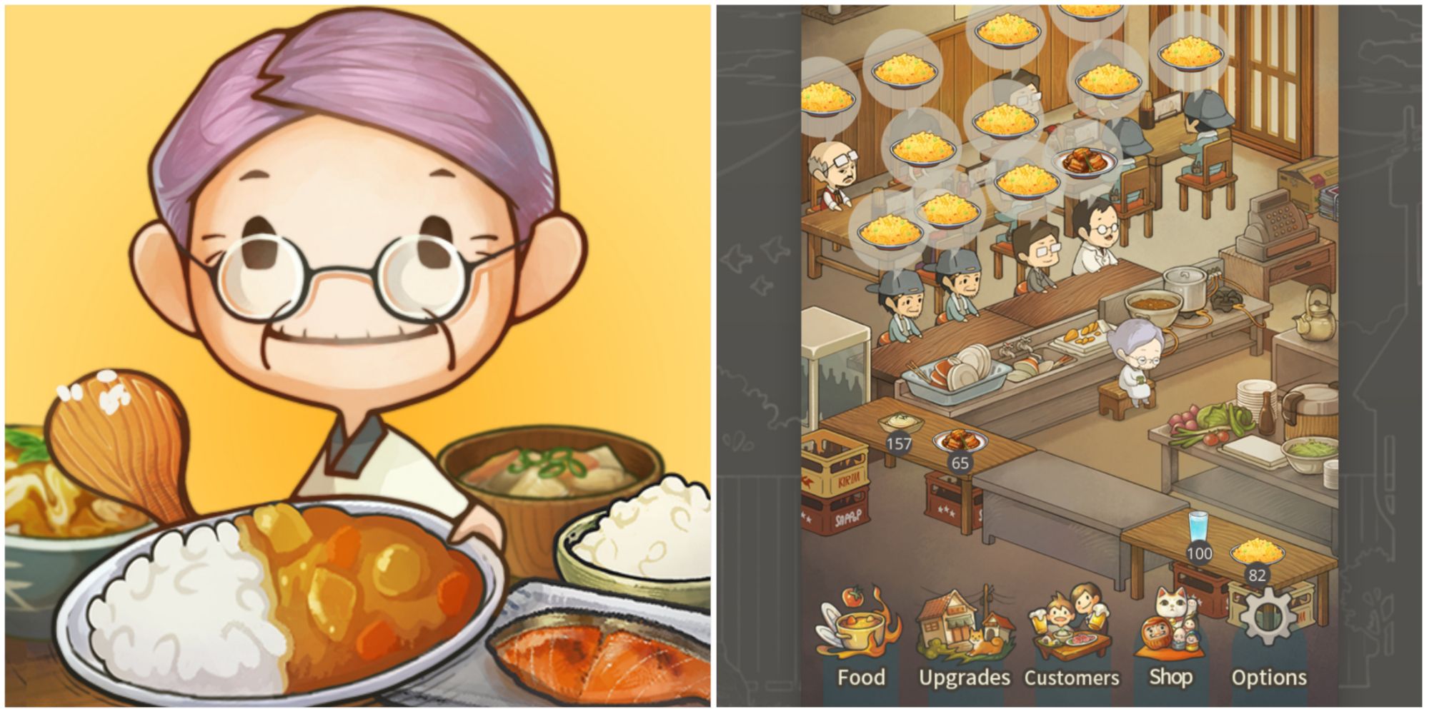 A split image of grandma serving curry over rice and grandma sitting by counter while customers order meals