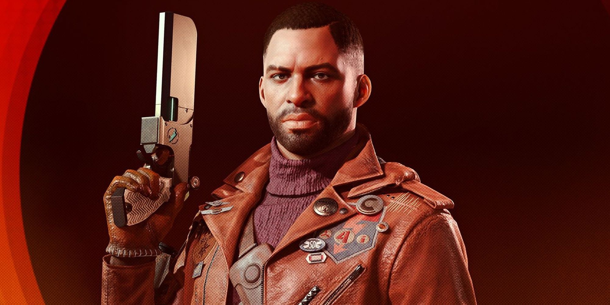 Deathloop: close-up of Colt Vahn Protagonist Of The Game with special handgun.