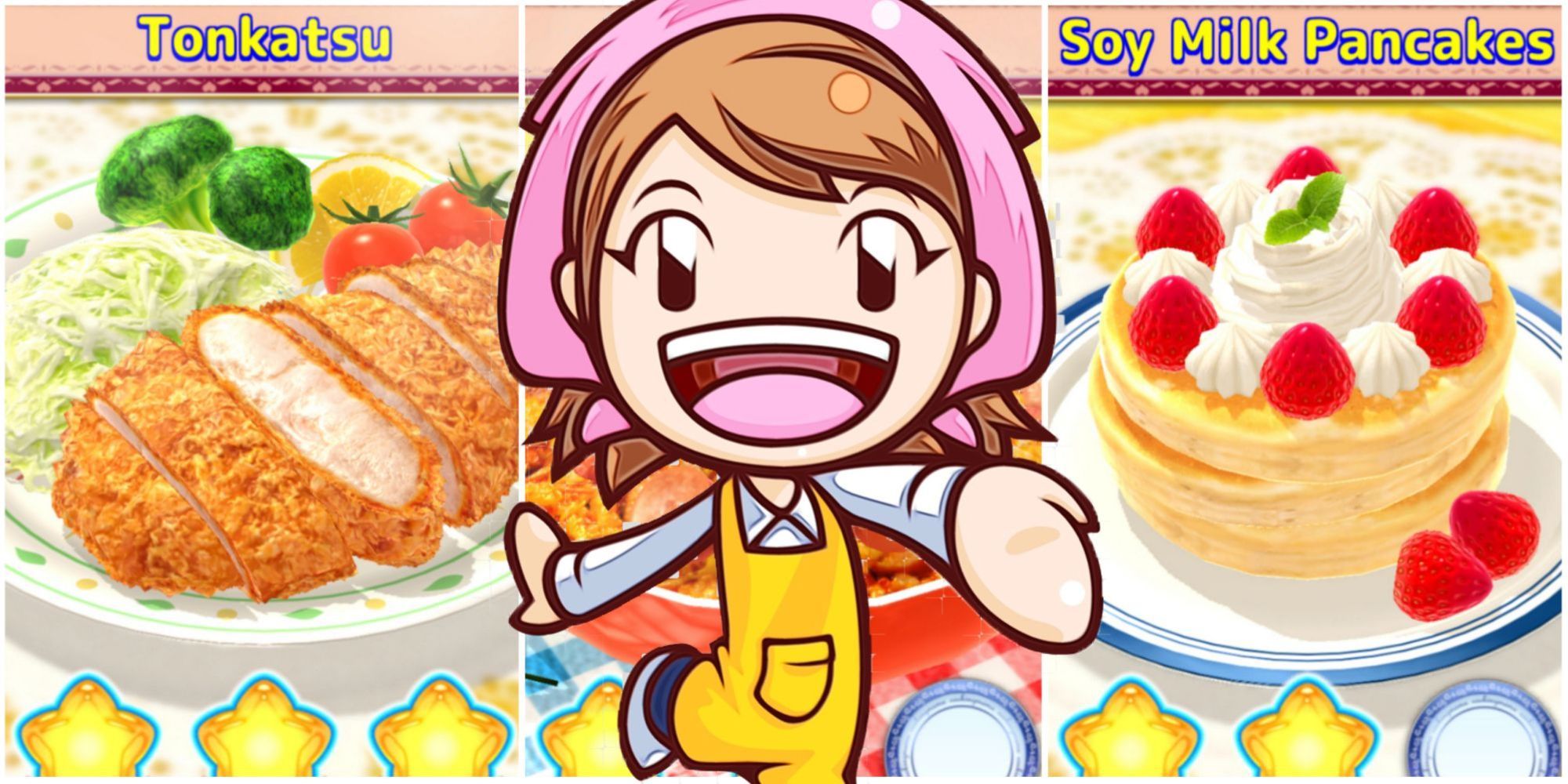 Split image of Tonkatsu and Soy Milk Pancakes with Cooking Mama overlaid presenting the dishes