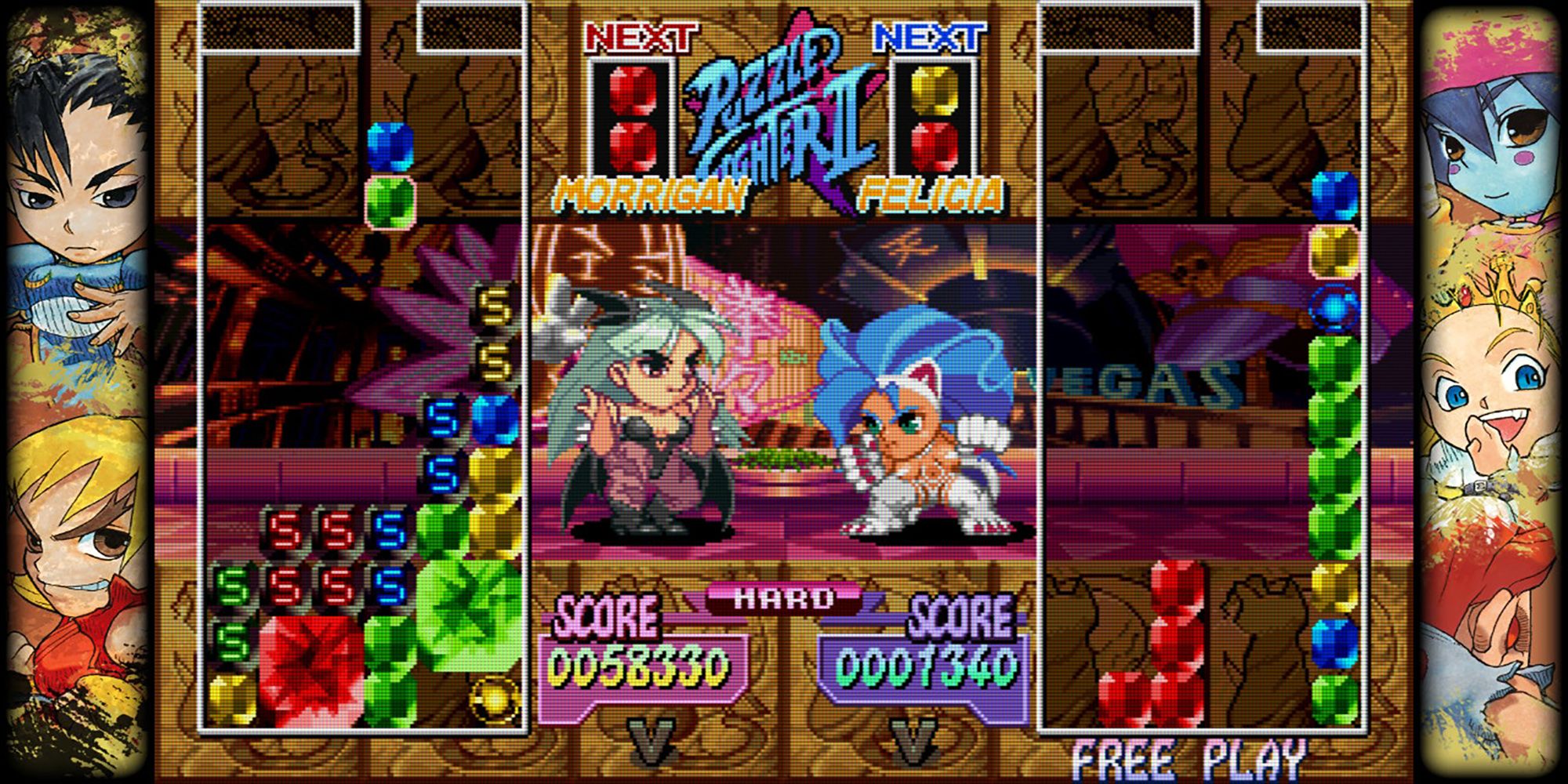 Morrigan uses Felicia's counter gems to build her own power gems during a Las Vegas showdown in Super Puzzle Fighter 2 Turbo, a game in Capcom Fighting Collection.