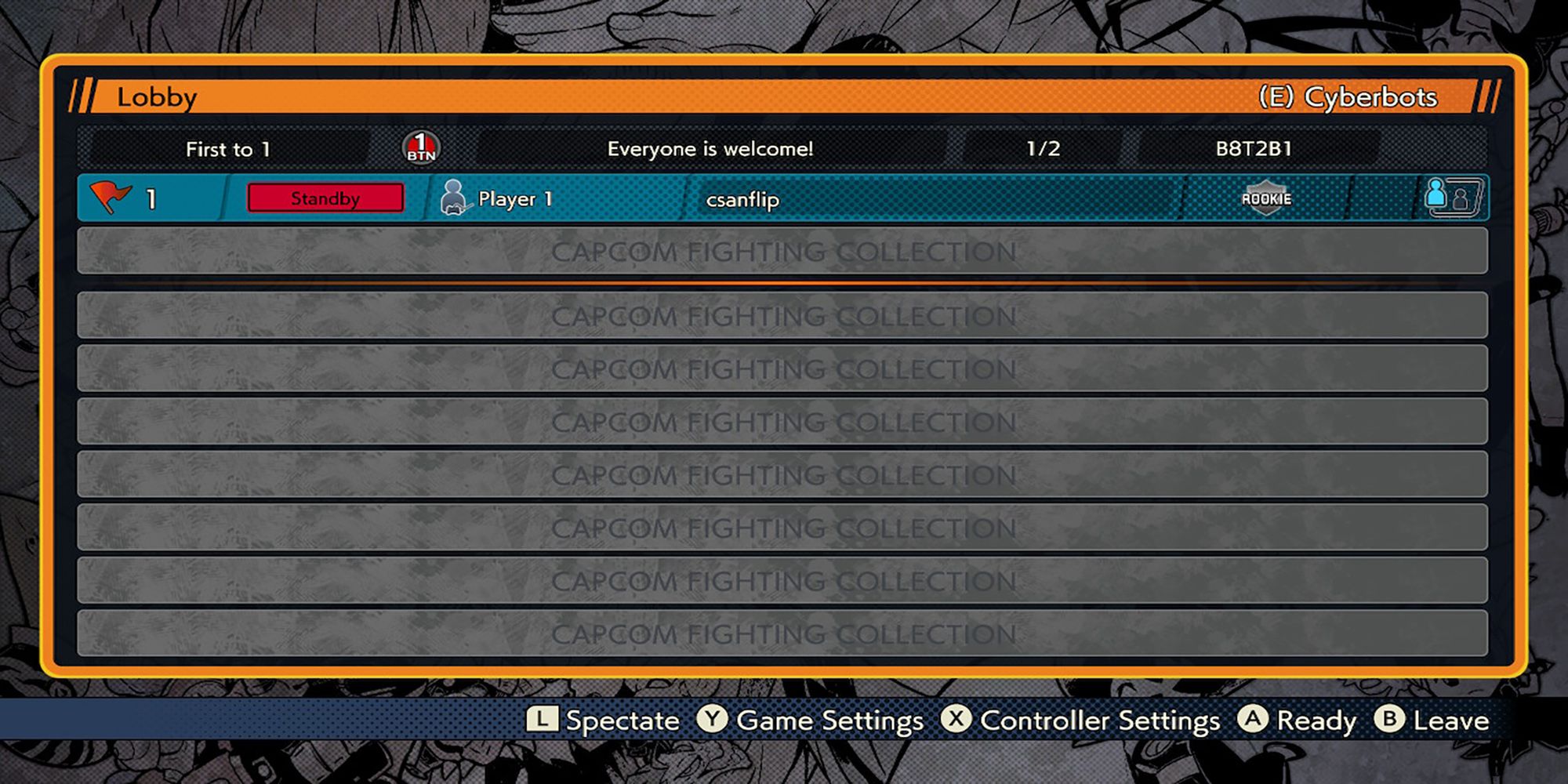 A Custom Lobby, labeled "Everyone Is Welcome!" in Capcom Fighting Collection.