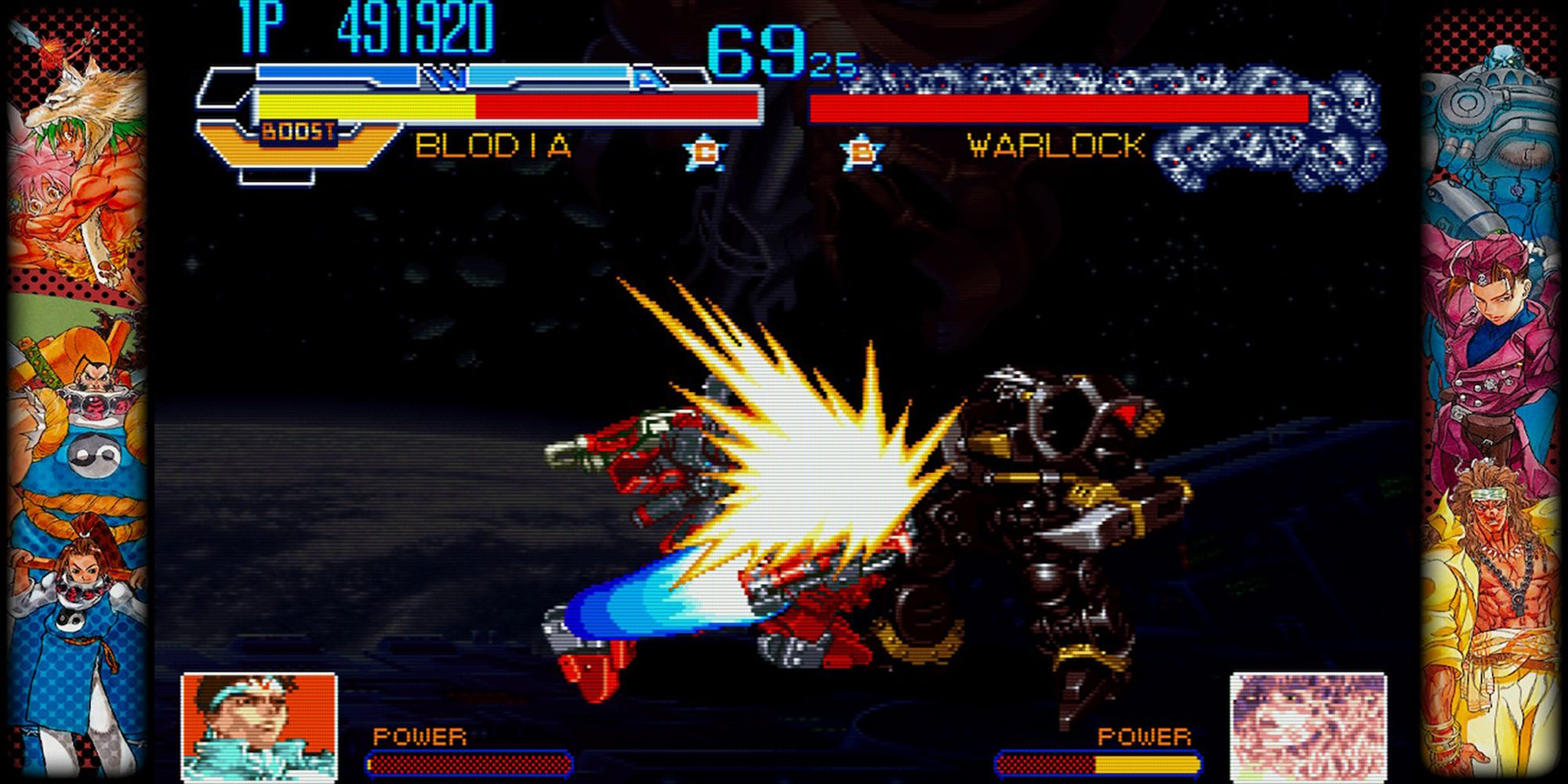 Jin's mech, Blodia, annihilates G.O.D.'s weapon, Warlock, with a Cyber EX attack in an epic space battle in Cyberbots. Capcom Fighting Collection.
