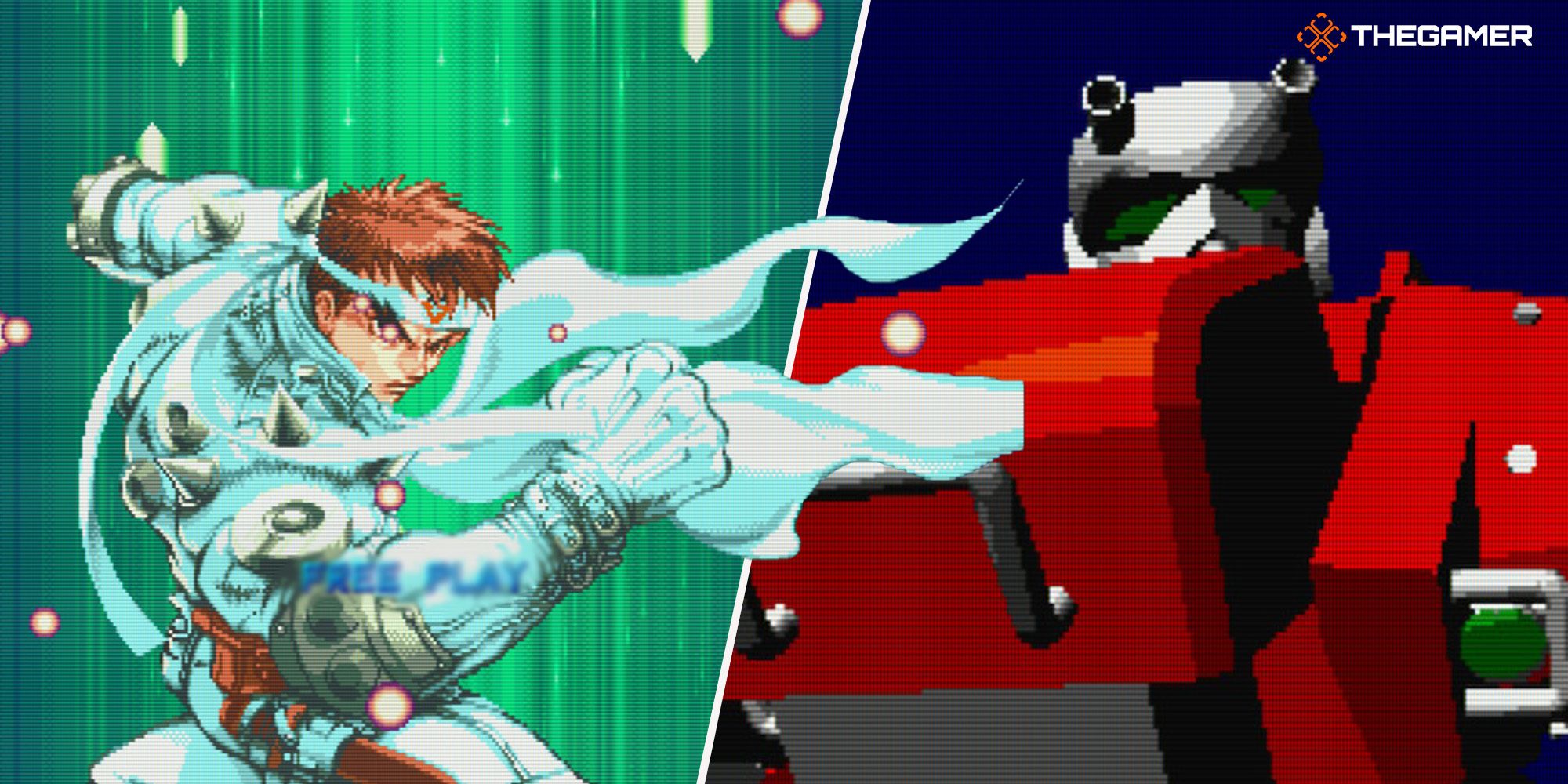 [Panel 1] Jin poses against a field of green energy. [Panel 2] Blodia, a red mech fighter, boots up. Images from Cyberbots on Capcom Fighting Collection.