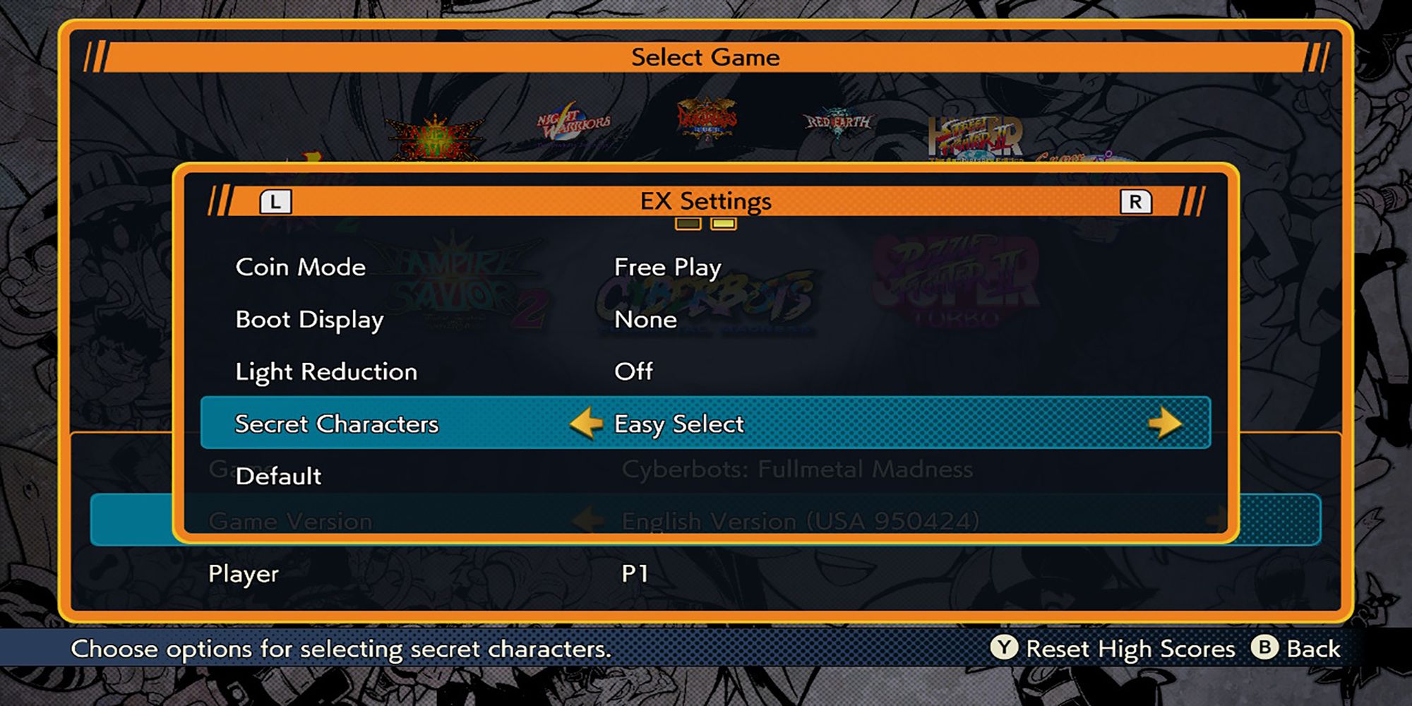 A look at the Secret Characters section of the Cyberbots EX Settings in Capcom Fighting Collection.