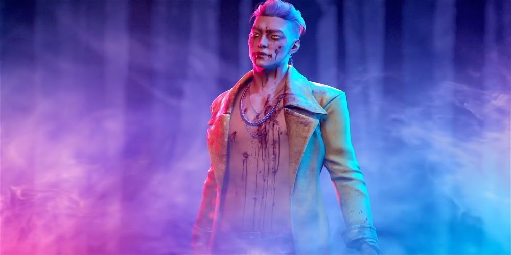 The Trickster from Dead By Daylight, a male K-Pop star splattered with blood.