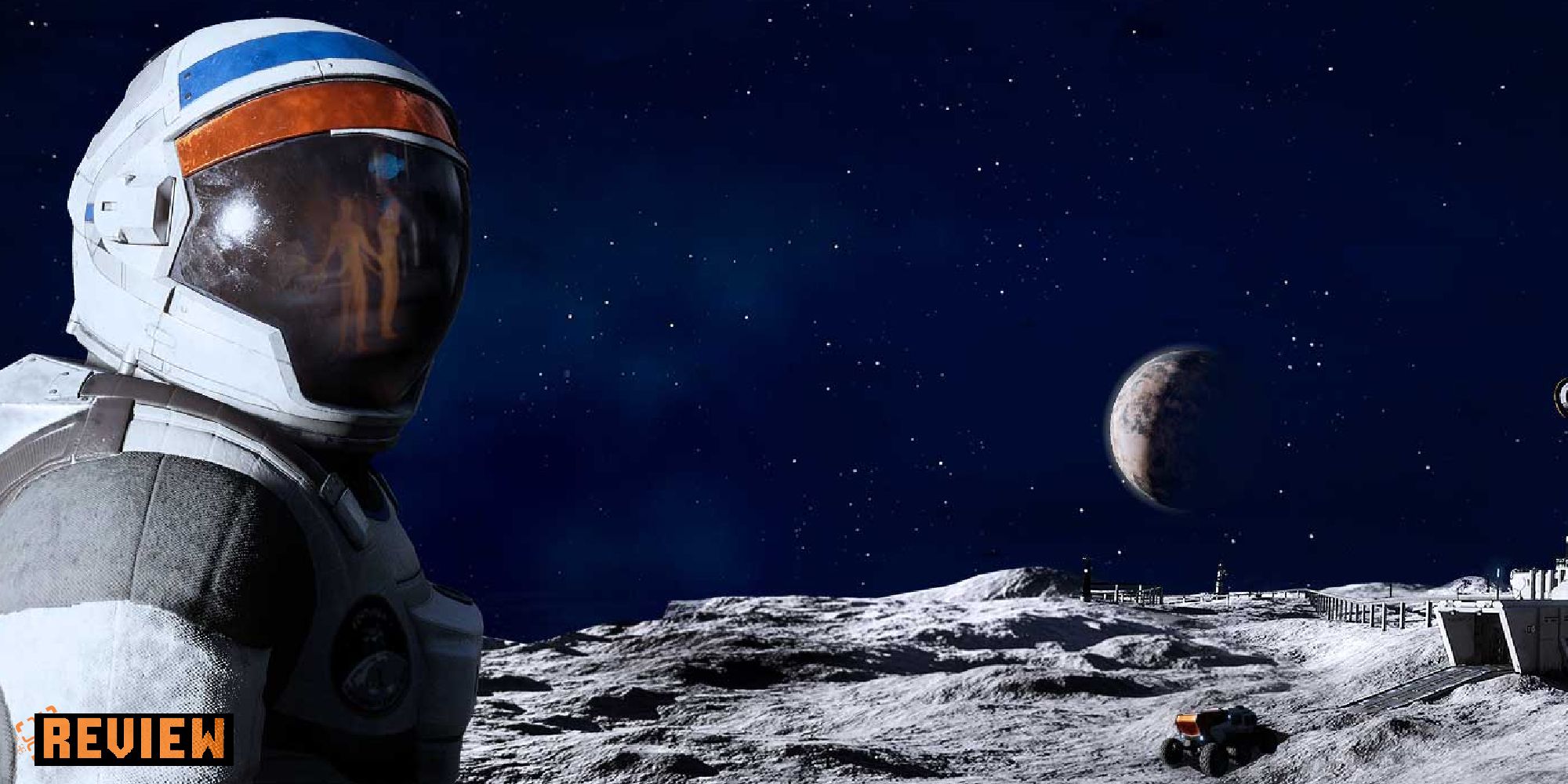 an astronaut on the moon looks at a dusty Earth