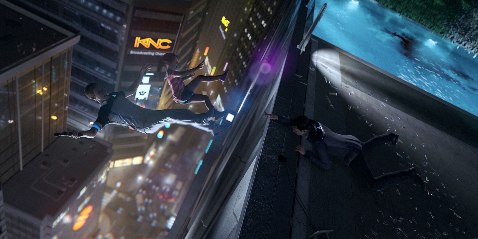 Detroit Become Human Connor reaching for an android and little girl off the roof