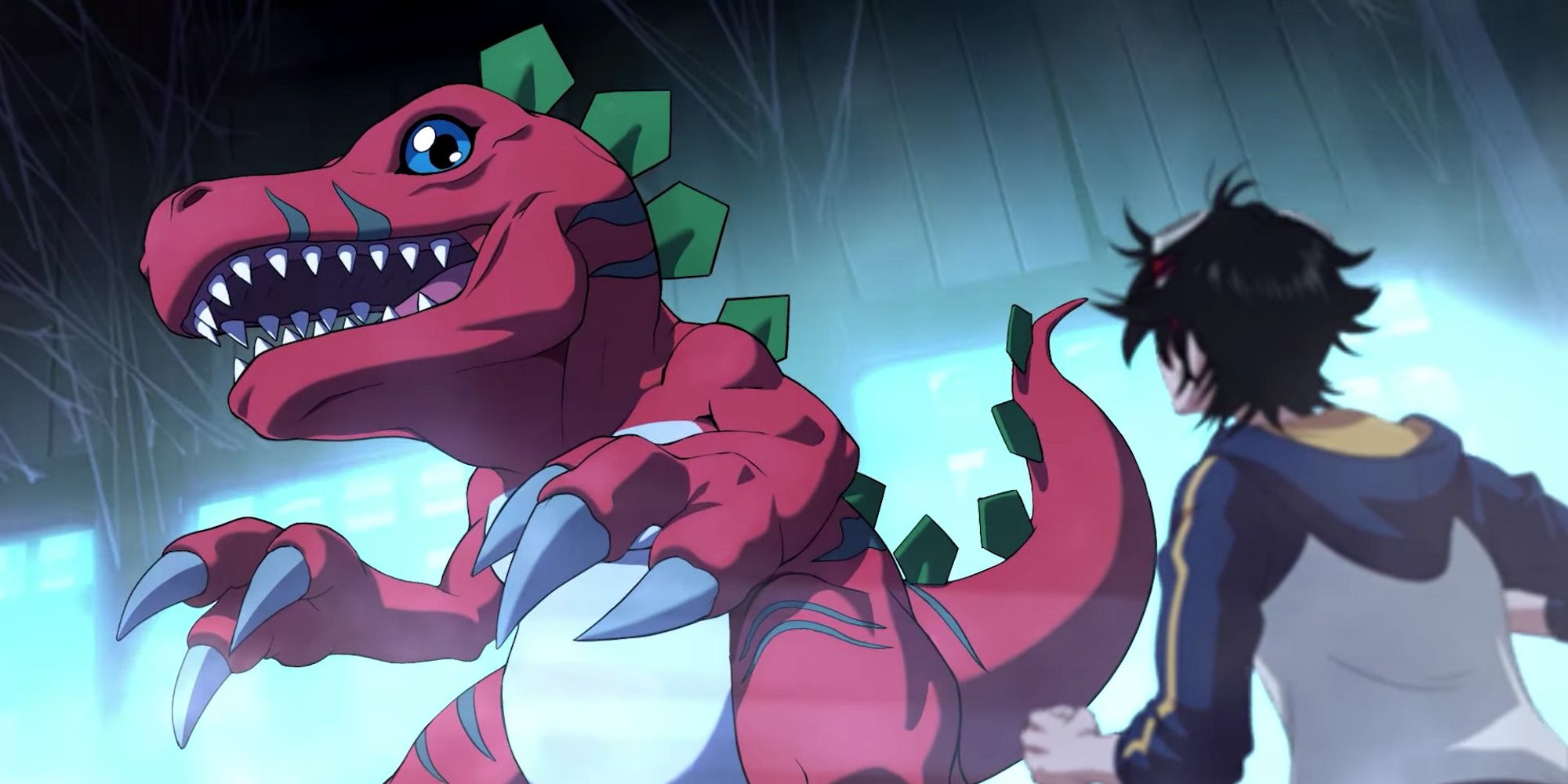 Digimon Survive character and large dinosaur Digimon