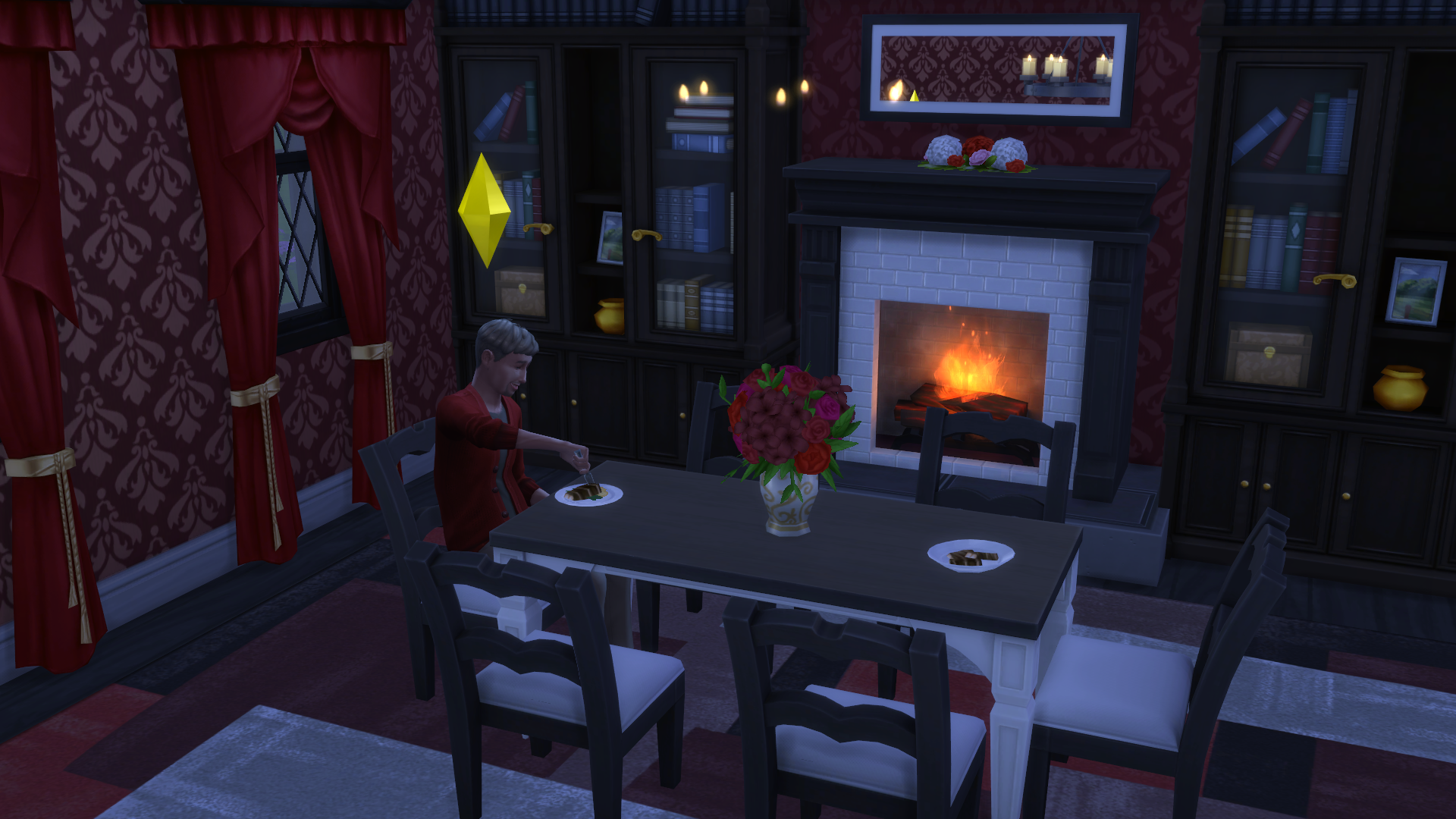 An elderly male Sim eating in a dark dining room in The Sims 4