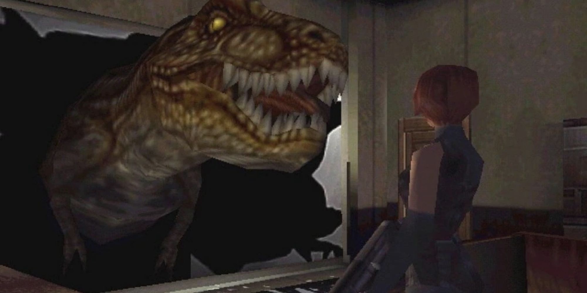 A T-Rex busting through the glass in Dino Crisis 
