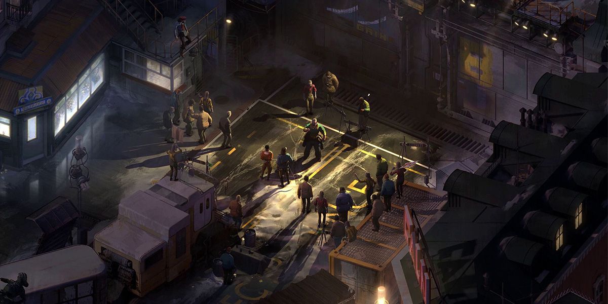 A scene from Disco Elysium, with several characters grouped in a street.