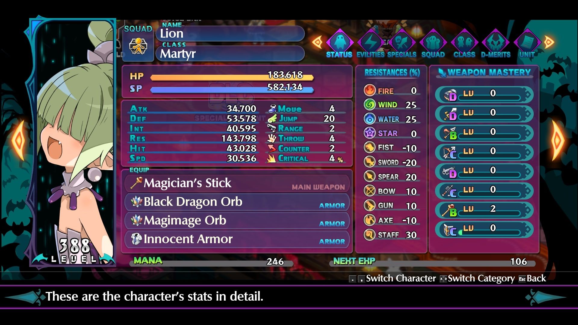 Disgaea 6 Healer stats screen