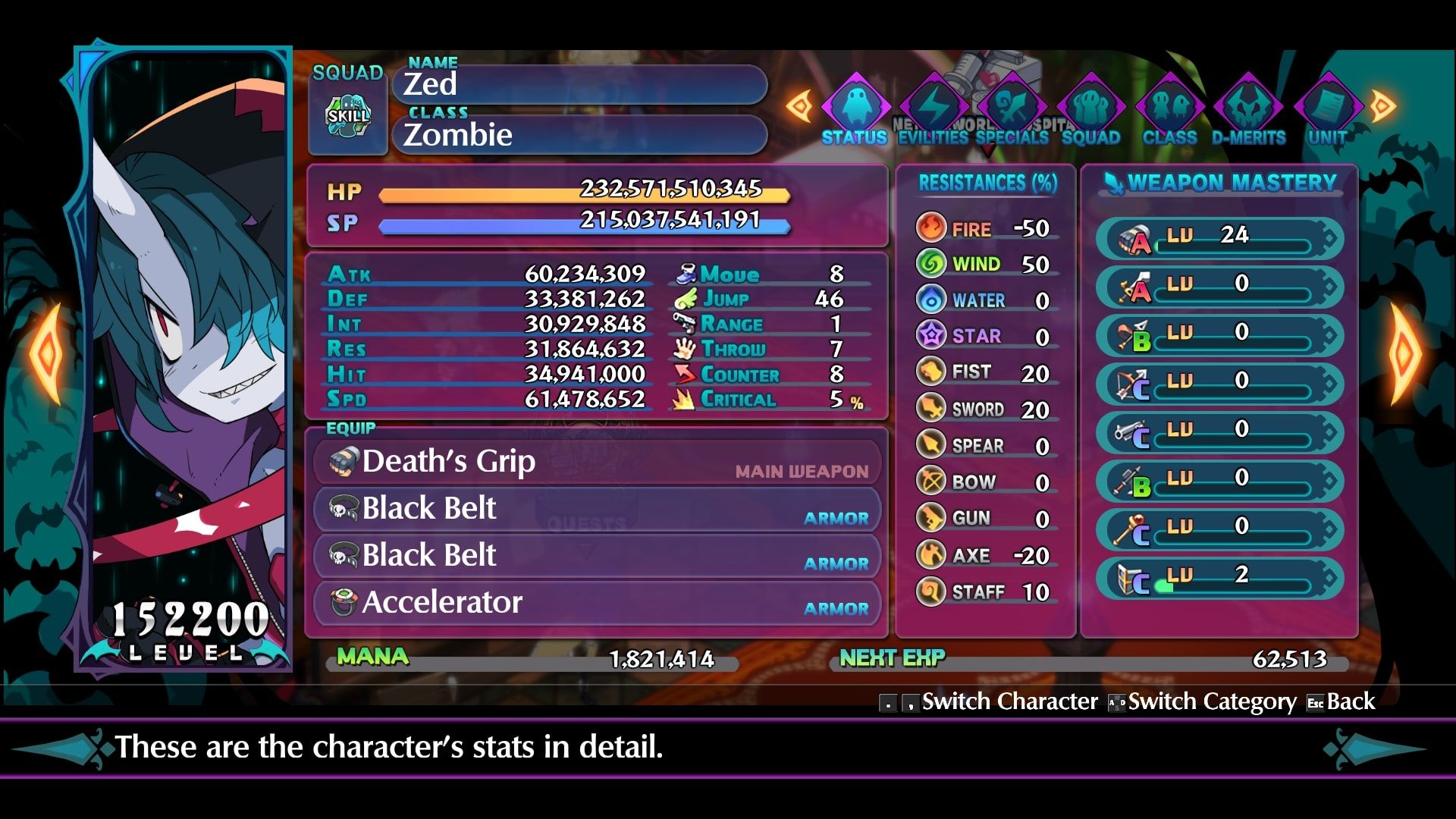 Disgaea 6 Zed Stat screen