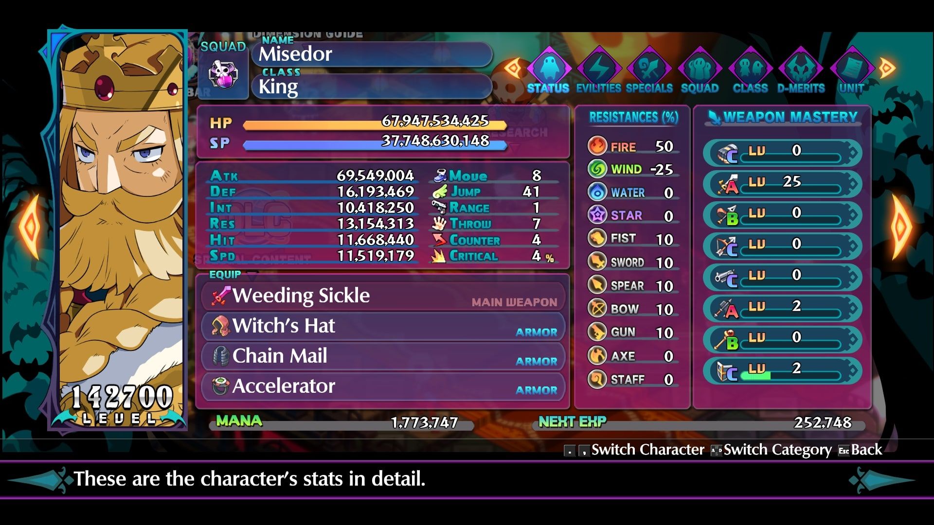 Disgaea 6 Misedor Status screen