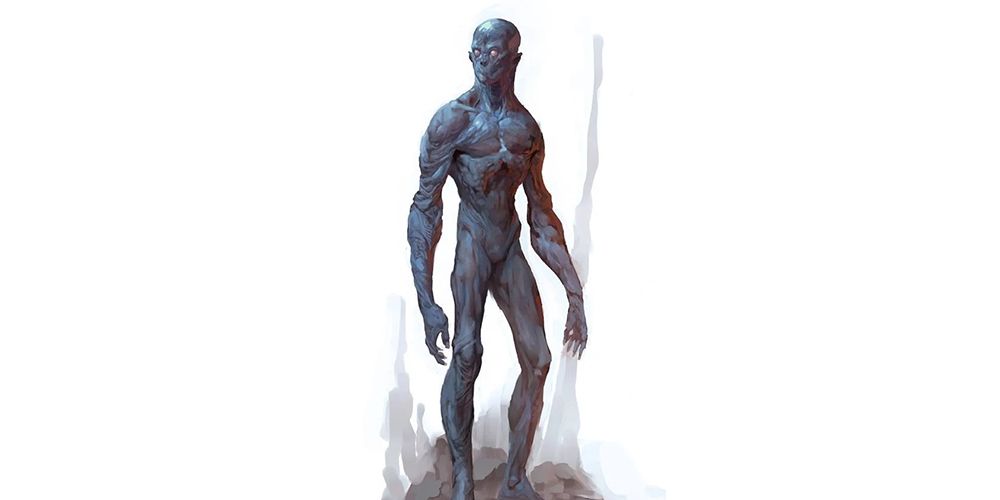 A slim humanoid creature with dark blue skin