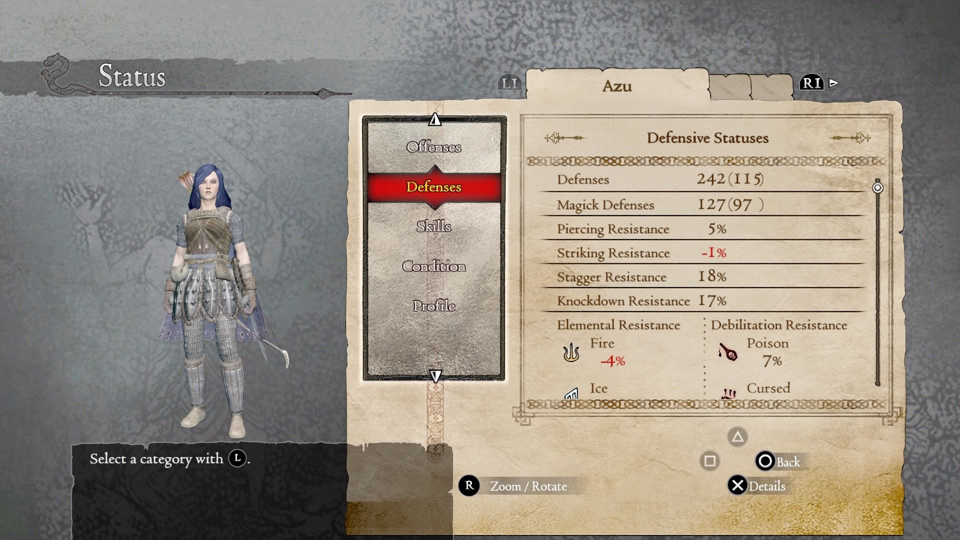 A screenshot showing the defesive statuses of a character named Azu.