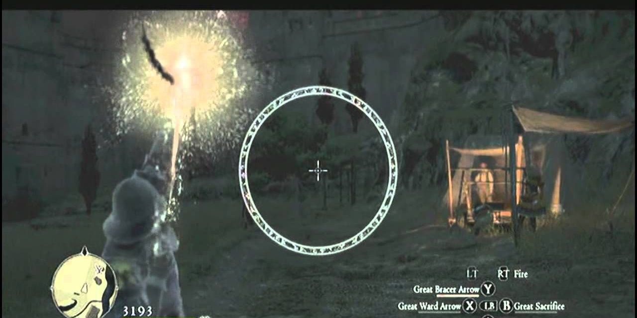 A character using Great Ward Arrow in a field in Dragon's Dogma