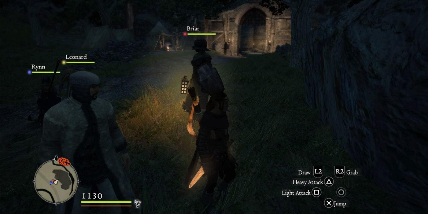 A party in Dragon's Dogma, with a pawn carrying a lantern