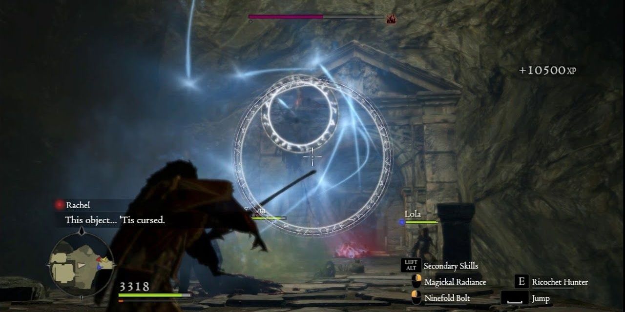 A character using Ninefold Bolt in a cave in Dragon's Dogma