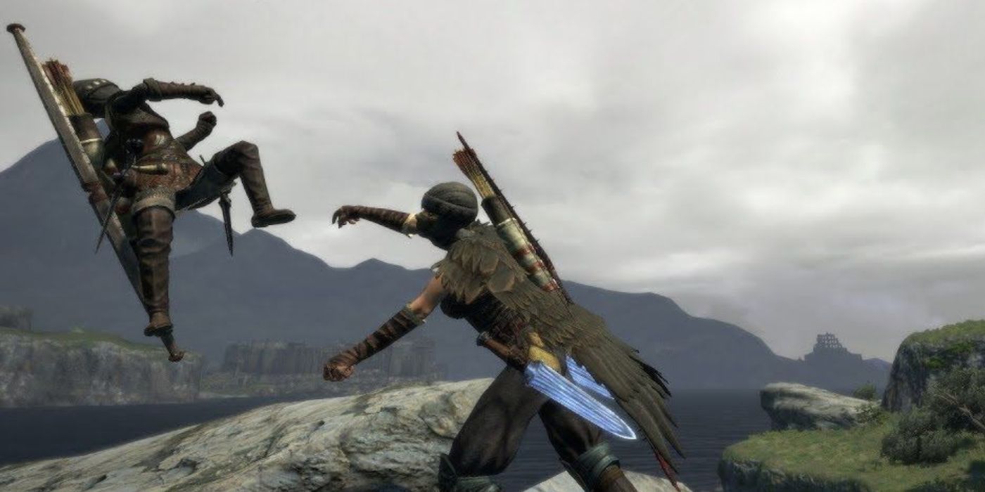 A Pawn catching the arisen in Dragon's Dogma 