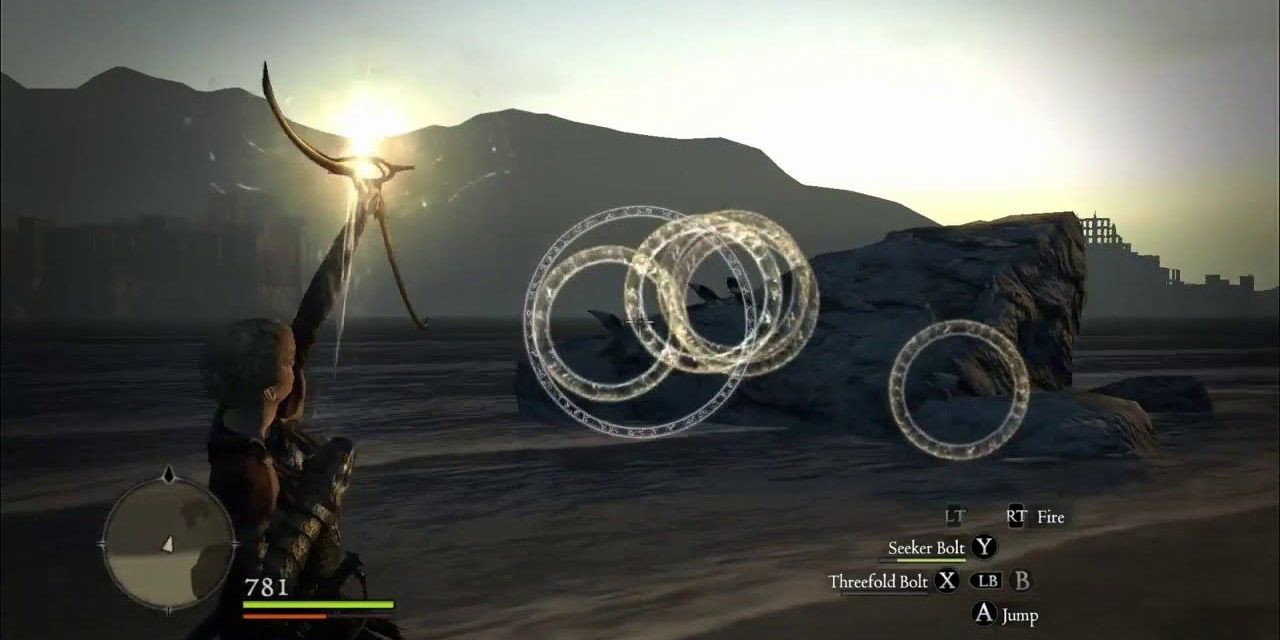 A character using Seeker Bolt on a beach in Dragon's Dogma