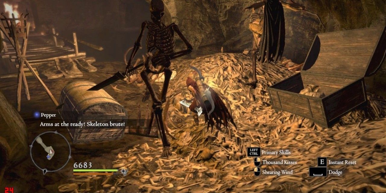 A character using Thousand Kisses against a giant skeleton in Dragon's Dogma