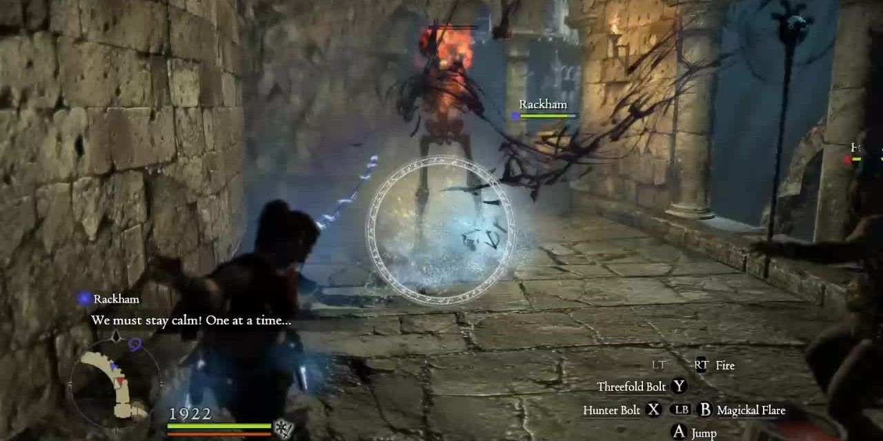 A character using Threefold Bolt against a giant skeleton in Dragon's Dogma