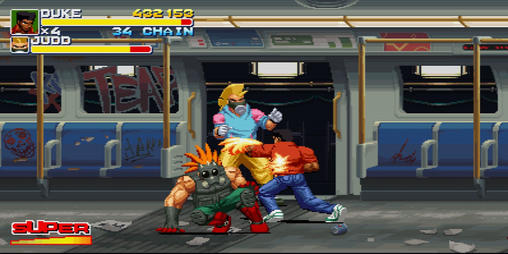 Duke sends fiery punches toward Diesel and Judd in a subway car brawl in Final Vendetta.