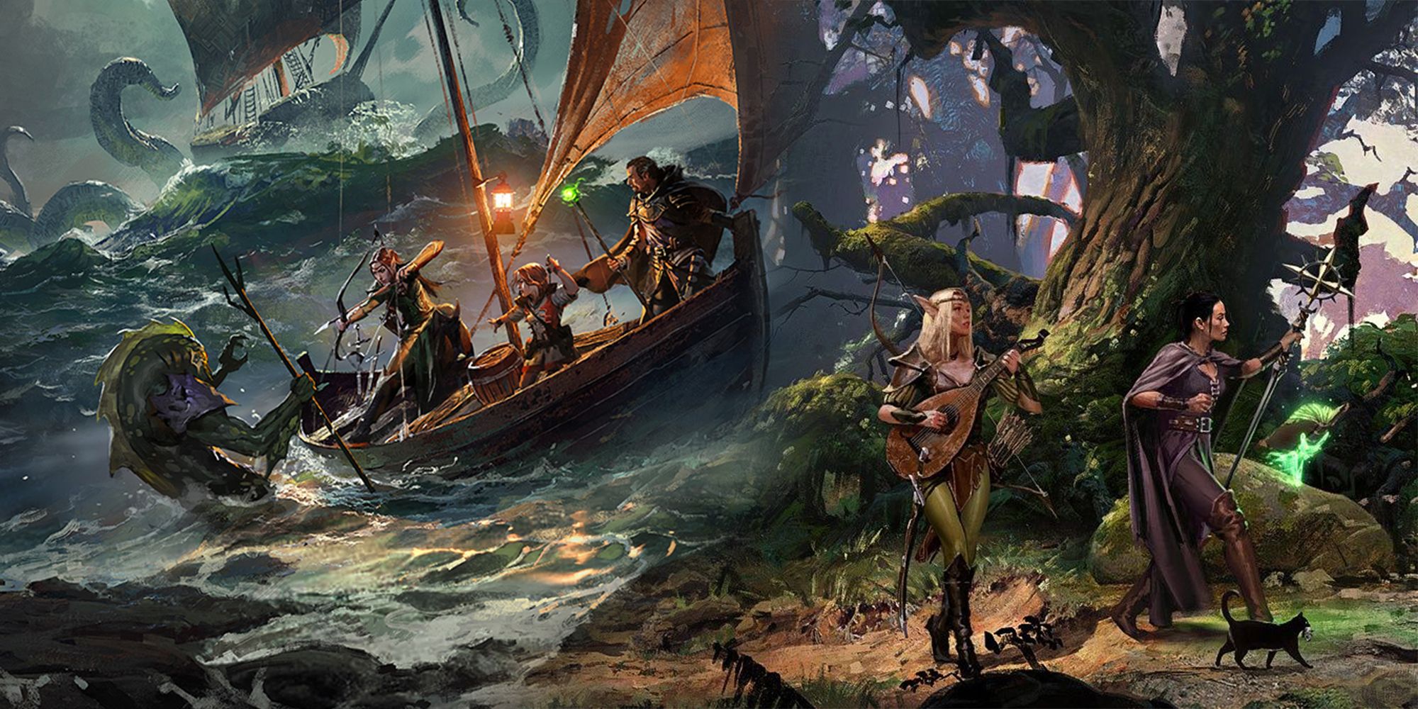 Split image of a party of adventurers traversing the woods, and a party on a boat