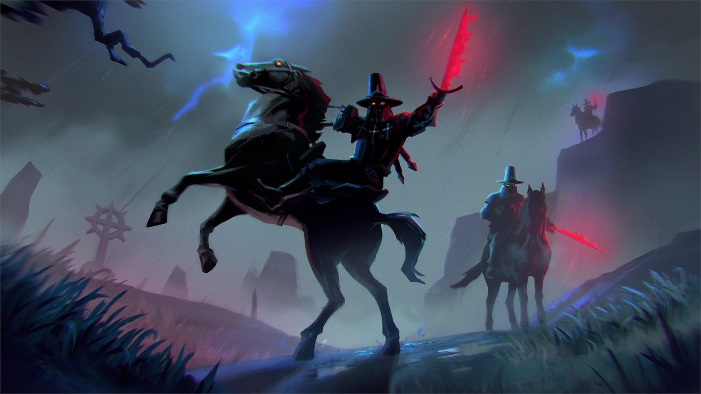 Two vampires on horseback hold red swords aloft