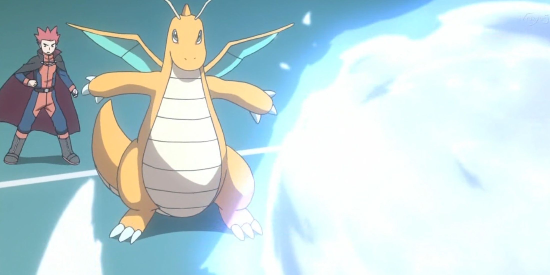 Pokemon Duos Lance and Dragonite as it prepares to dodge.