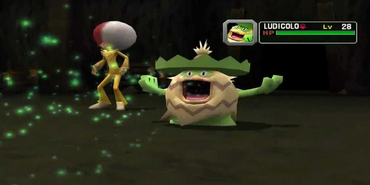 Pokemon Duos Miror B and Ludicolo use a Drain attack in battle.