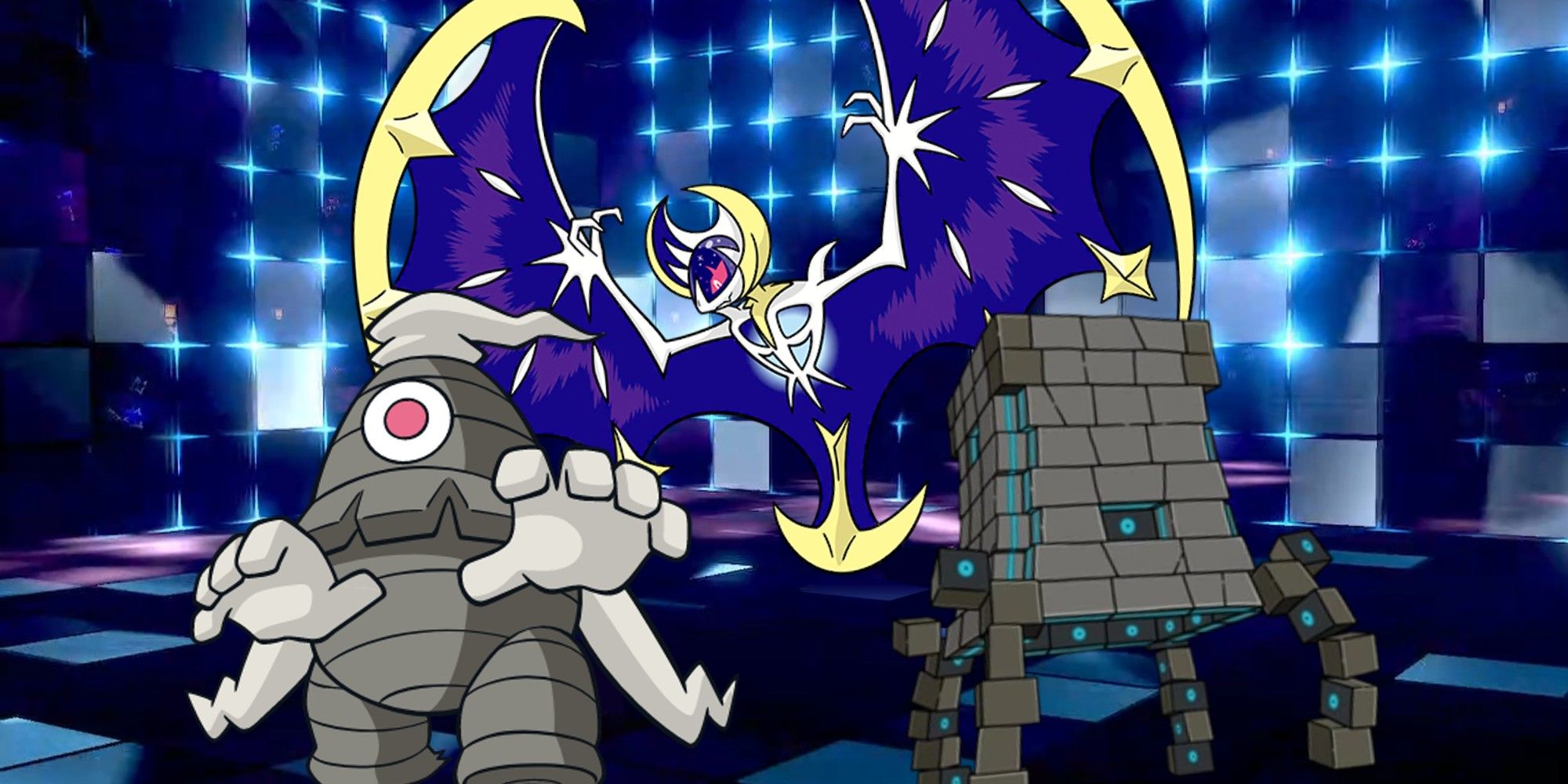 3 Pokemon standing in Trick Room: Dusclops, Lunala, and Stakataka