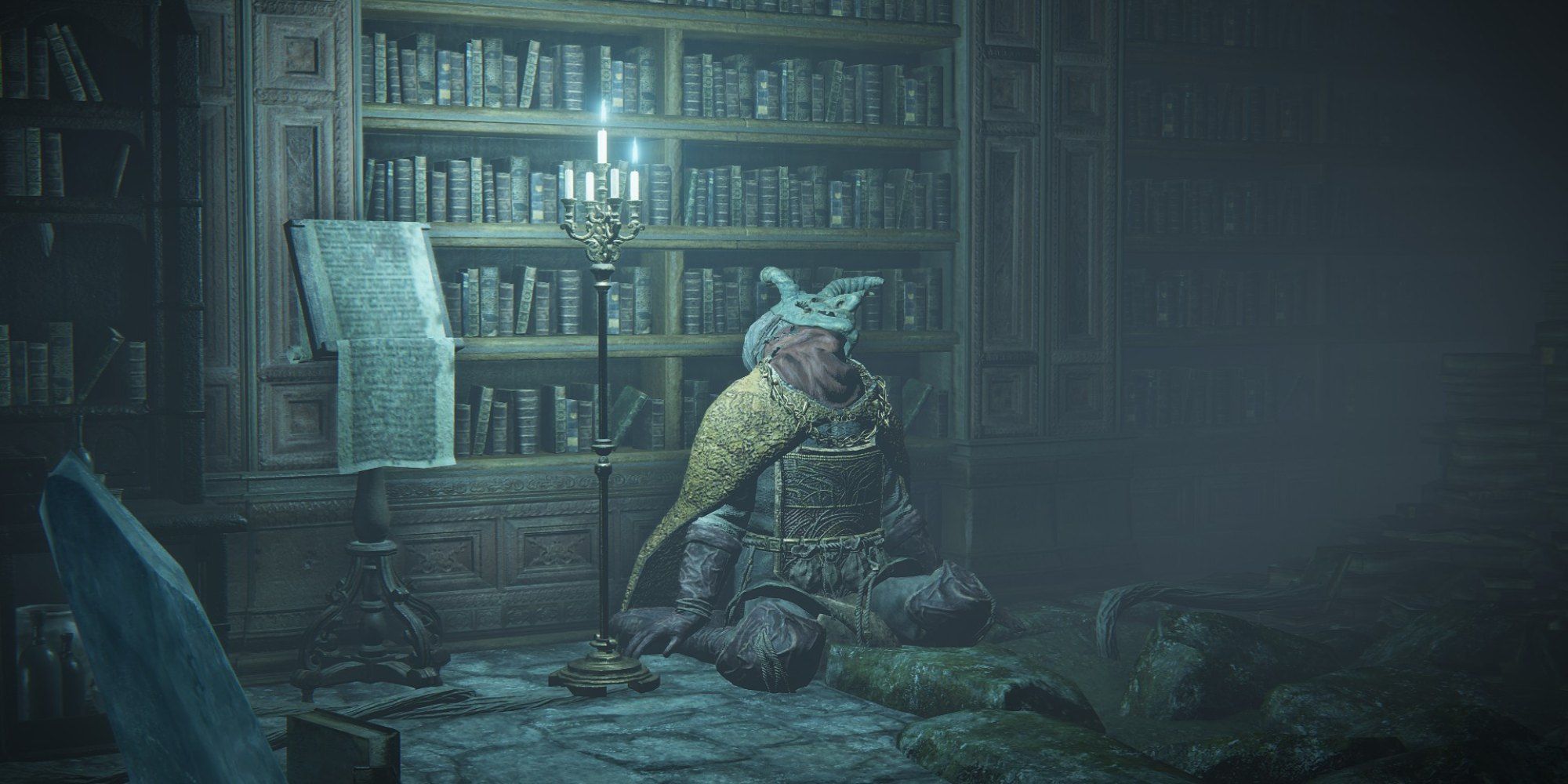 One of Seluvis's Puppets in Elden Ring, against a shelf in his hidden cellar.