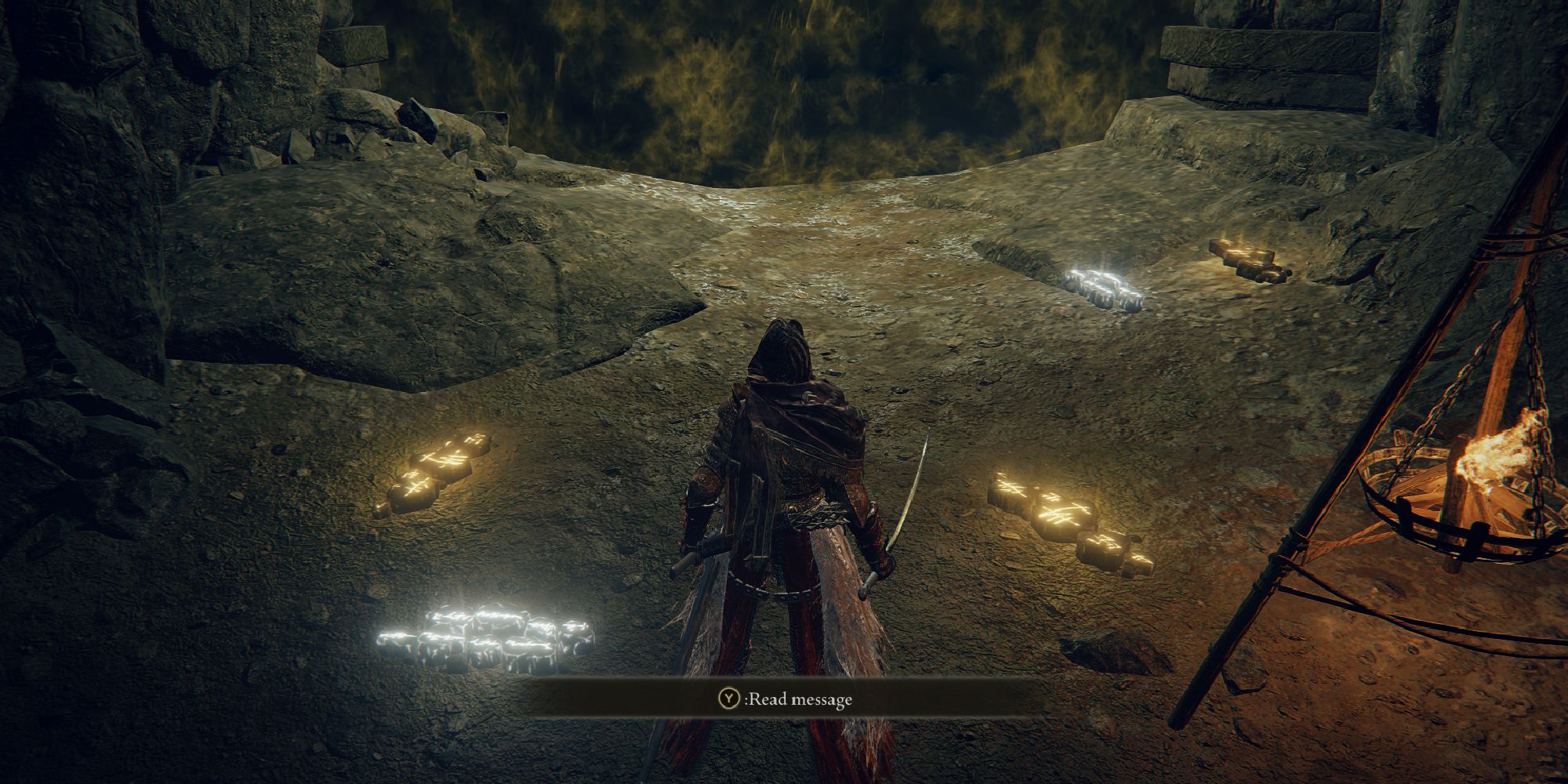 Tarnished standing in front of a boss fog wall in Elden Ring, surrounded by golden summon signs