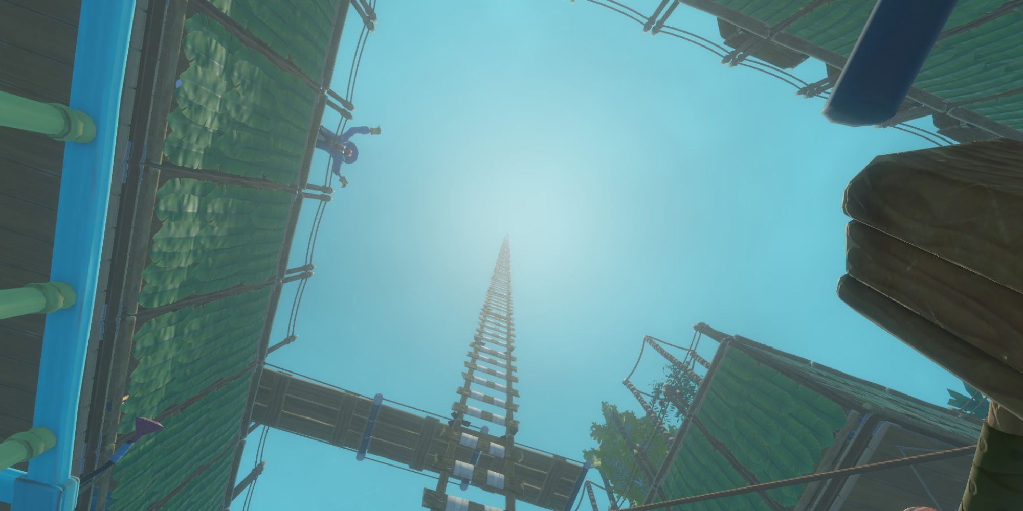 A seemingly endless wooden ladder extends extremely high into the sky