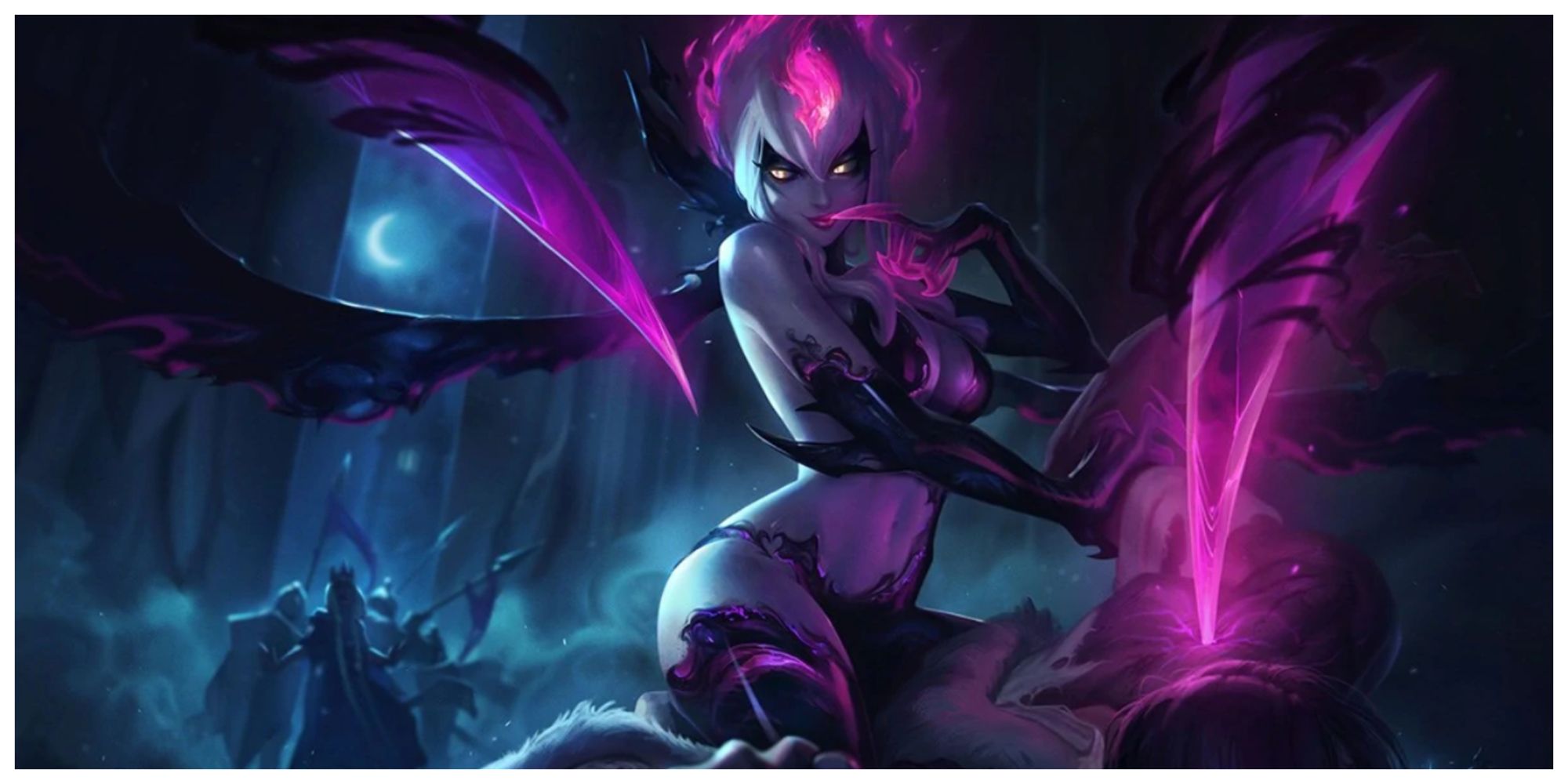 Evelynn, Agony's Embrace straddling a man as her glowing lasher digs into his shoulder under the waning crescent moon