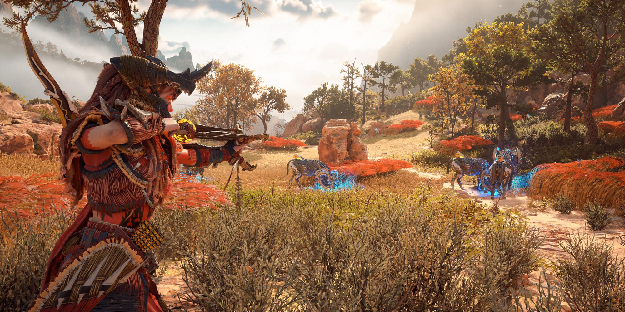 Horizon Forbidden West Aloy aiming at oblivious enemies.