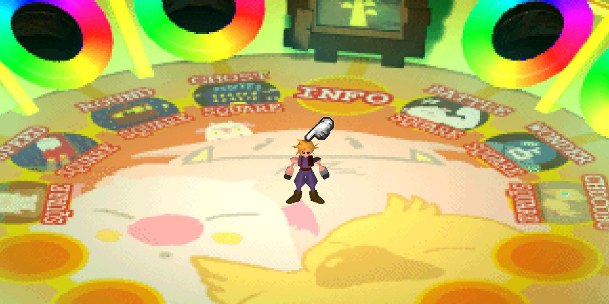 FF7 Gold Saucer cloud stands in the middle of gold saucer chute room