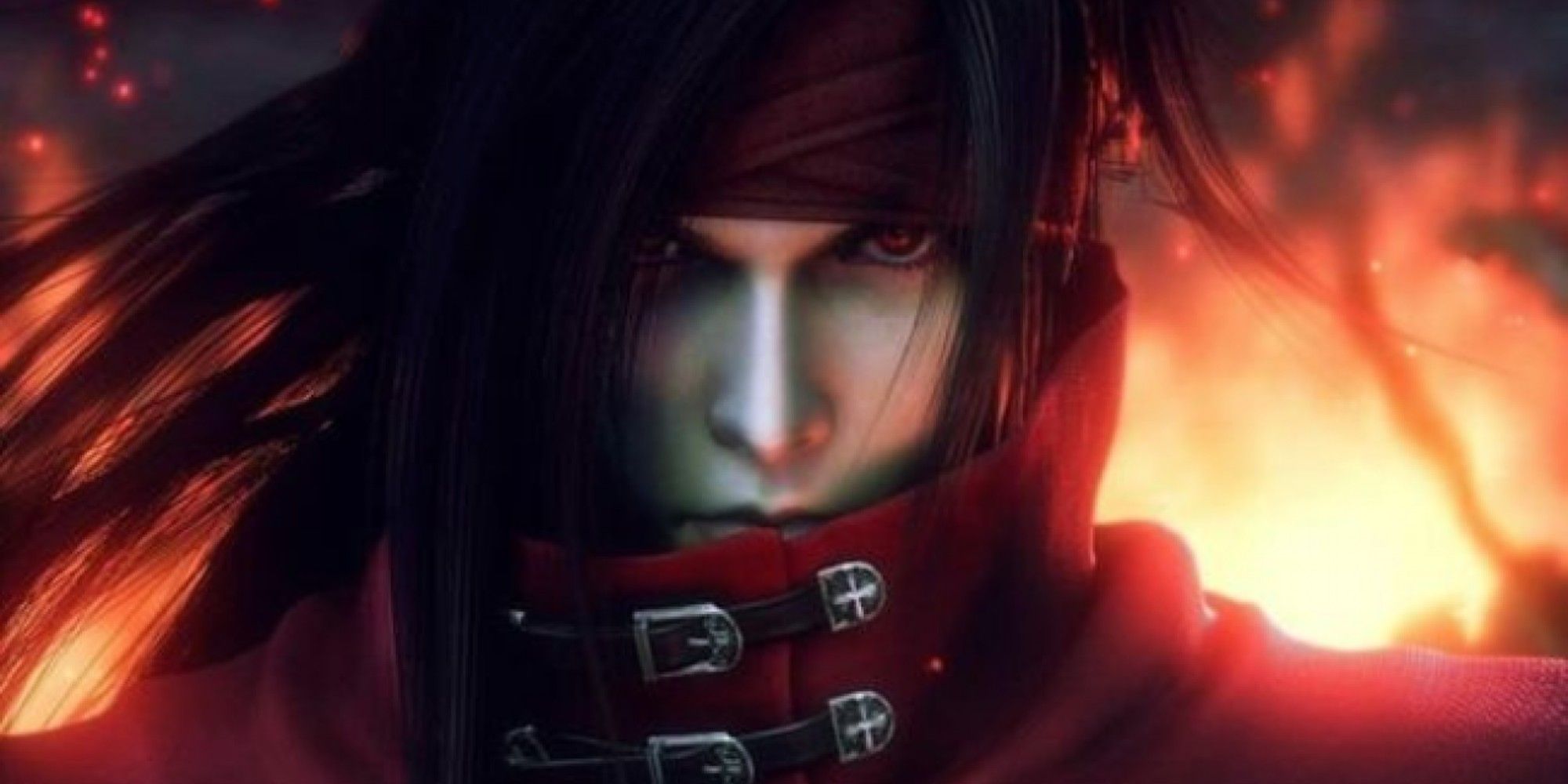 FF7 Vincent Valentine, close up of Vincent against flames.