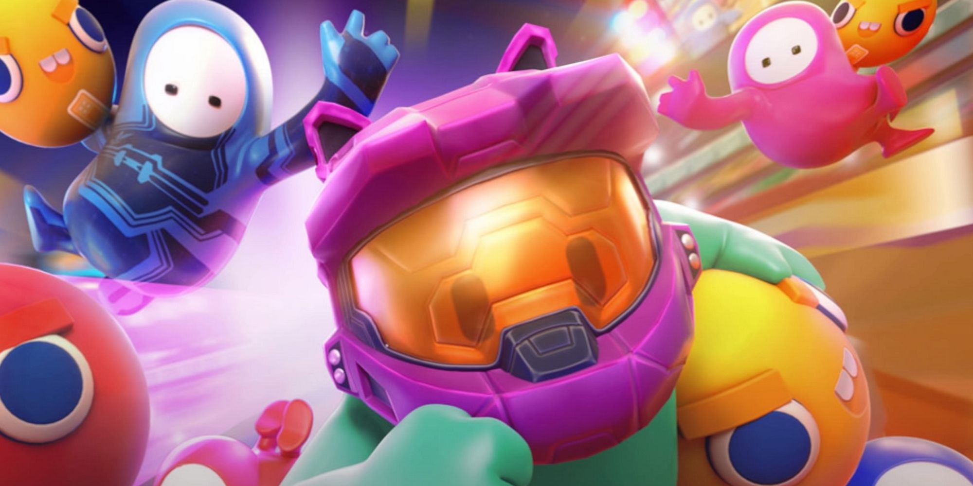 A Fall Guy wearing the Purrfect Helmet carrying a Blast Ball, surrounded by others doing the same