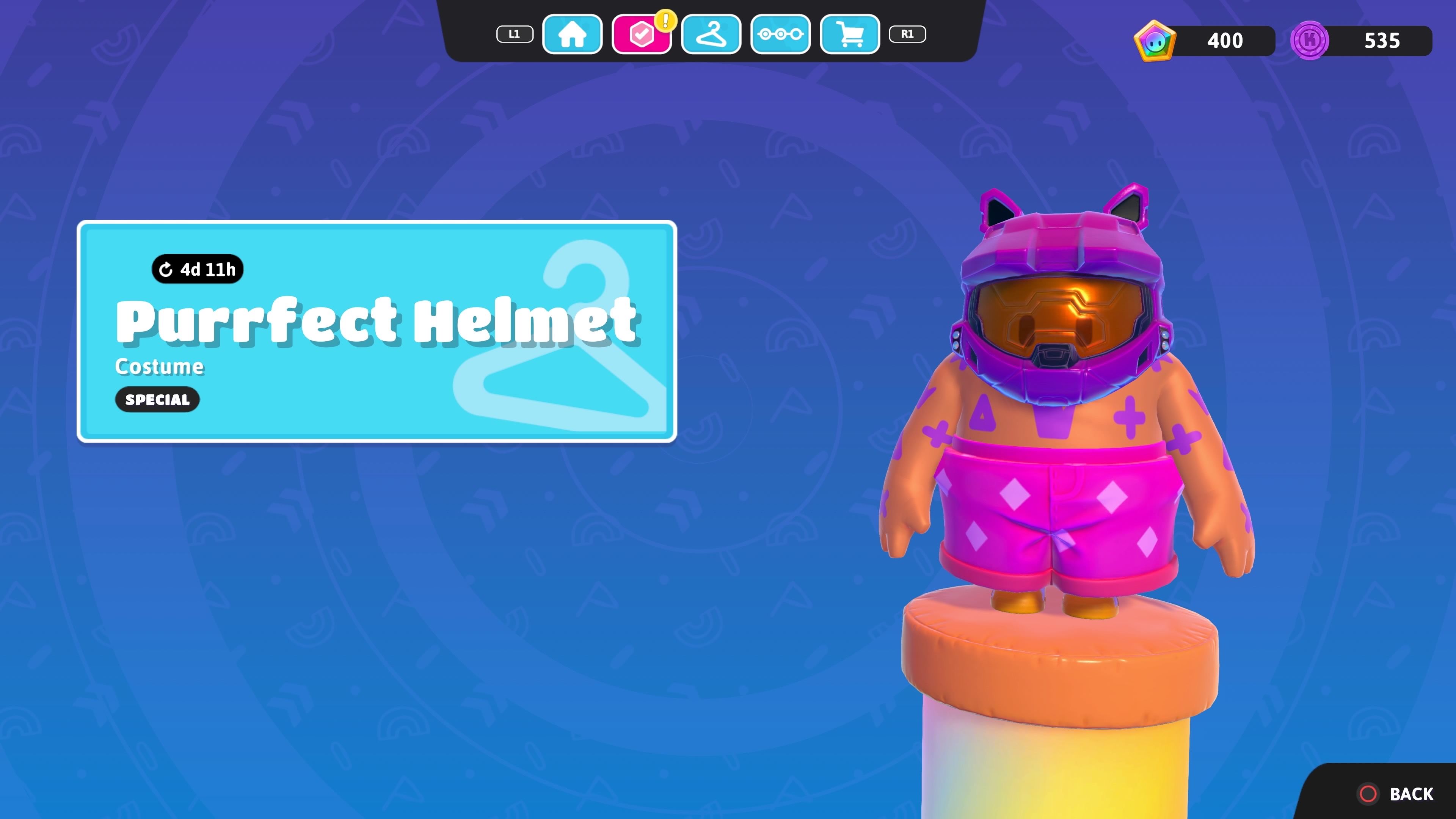 The text, "Purrfect Helmet," "Costume," and "Special" in a box next to a Fall Guy wearing the Purrfect Helmet