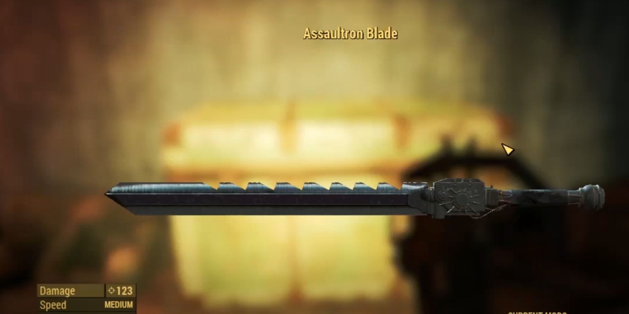A screenshot showing the stats of the Assaultron Blade weapon.