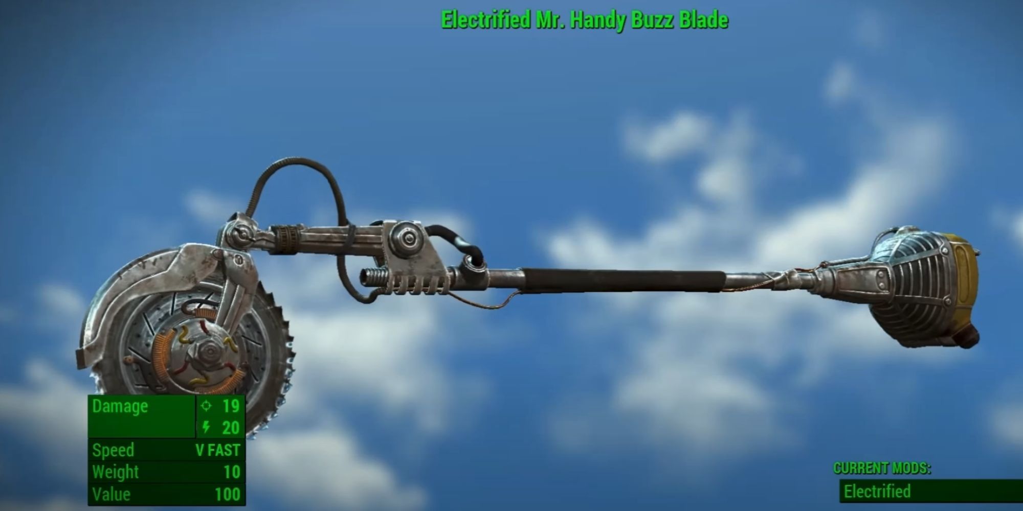 A screenshot showing the stats of the Mr. Handy Buzz Blade weapon.