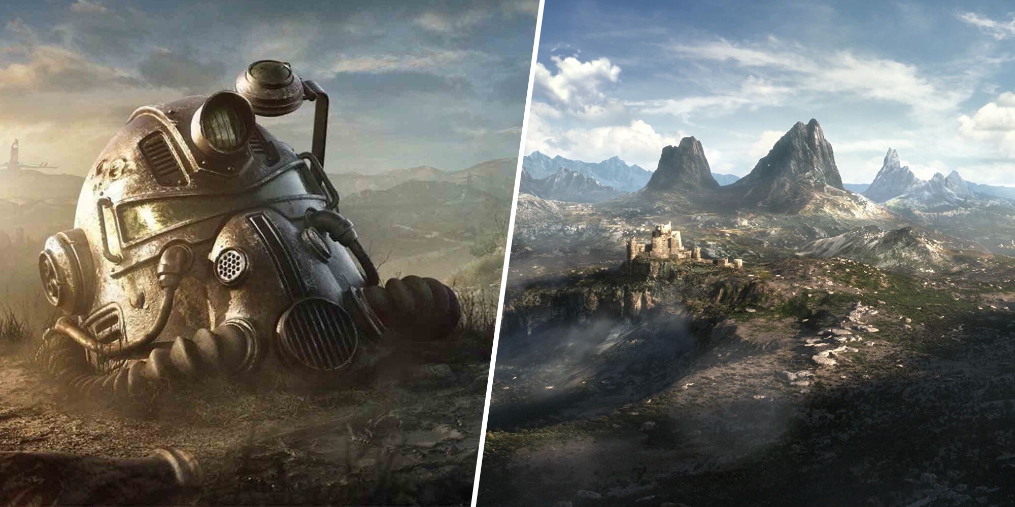 Fallout helmet next to a vista from The Elder Scrolls 6