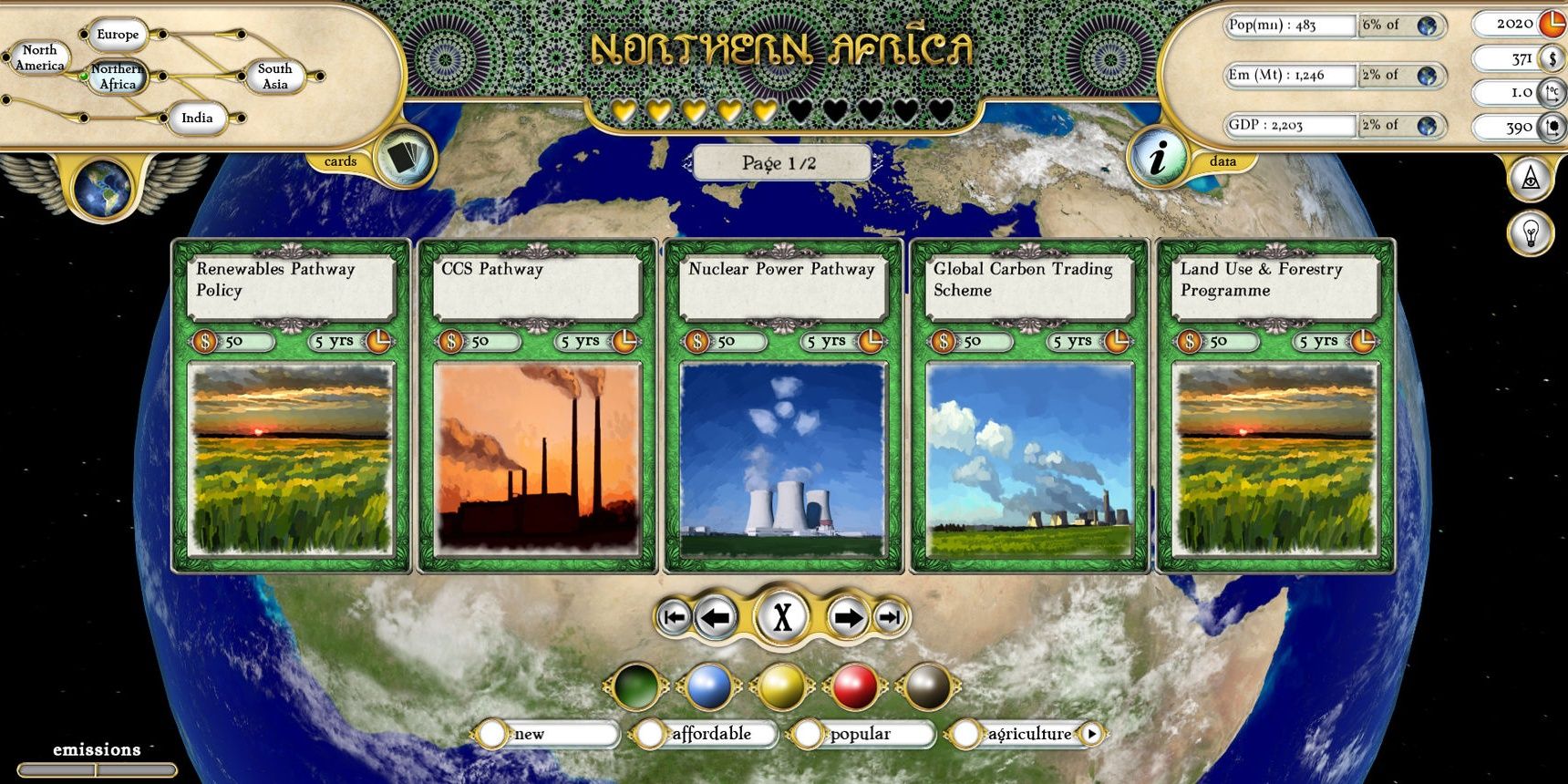 Fate of the World Screenshot showing Northern Africa and various choices