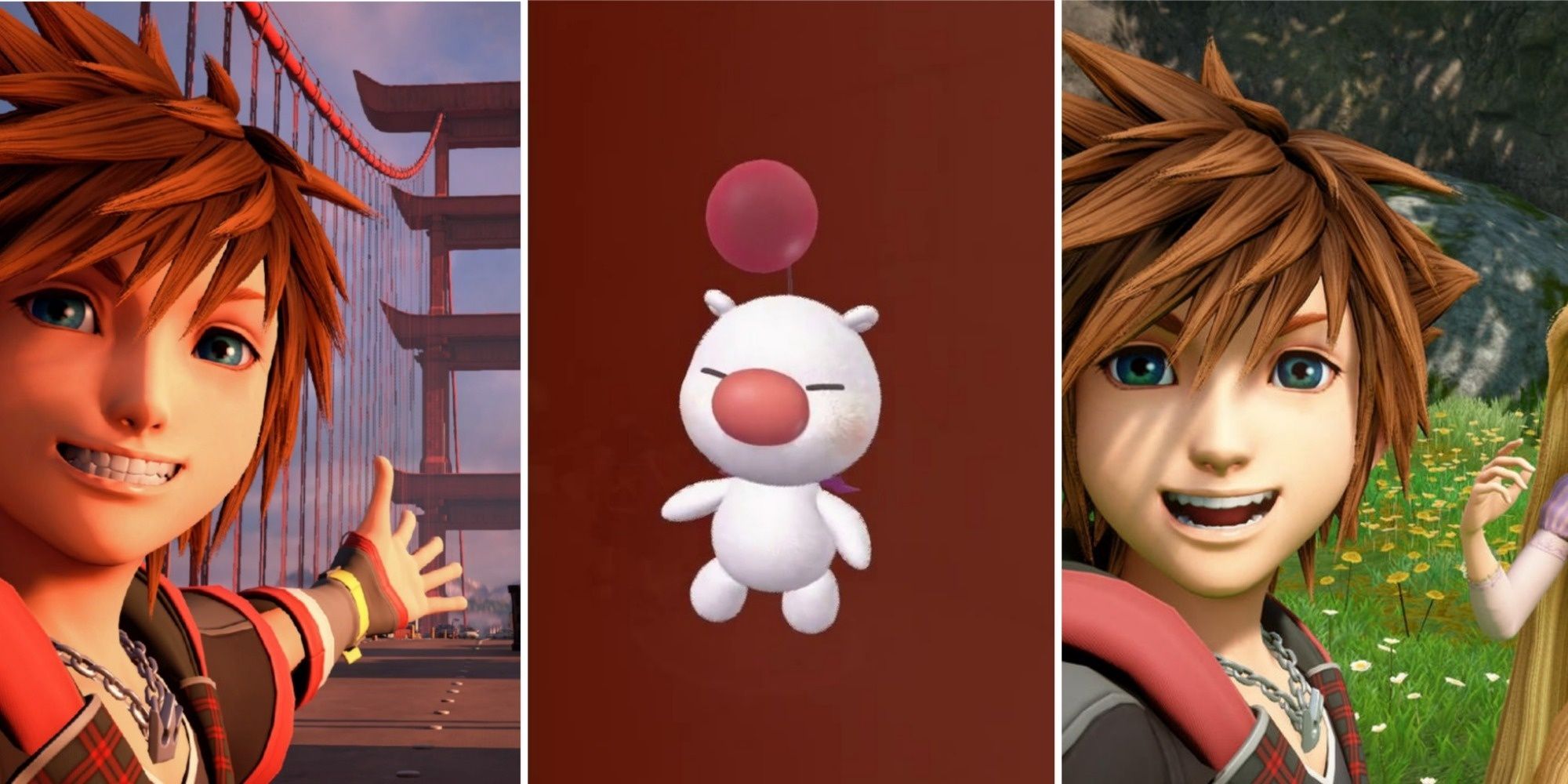 Split image screenshots of Sora and the Moogle shopkeeper in Kingdom Hearts 3.