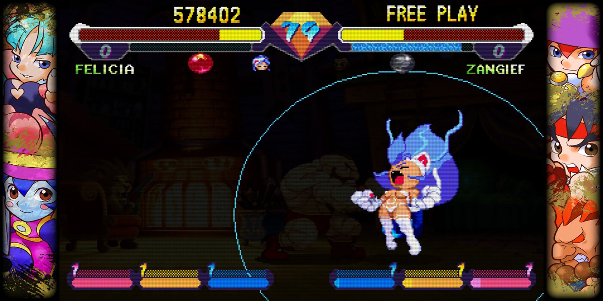 Felicia repels Zangief with a Mega Crush during a fight in Tessa's Room in Pocket Fighter, a game in Capcom Fighting Collection.